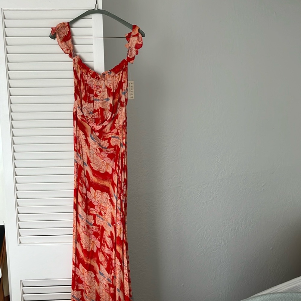 Flynn skye • floral Bardot maxi dress with slit new with tags